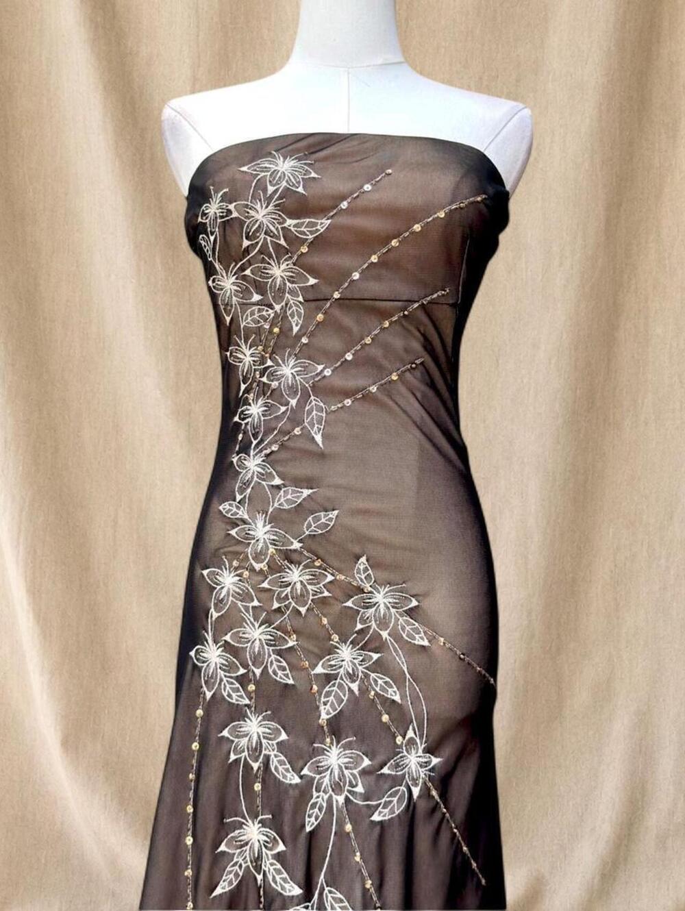 Vintage brown beaded maxi dress with white floral embroidery